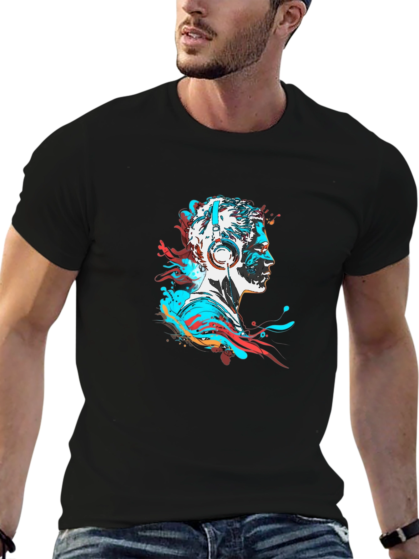 Abstract Man with Headphones Black T-Shirt