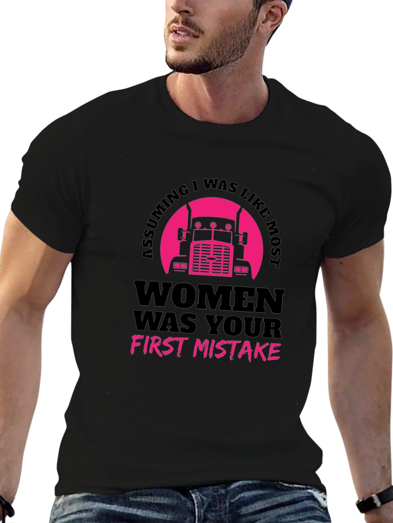 Assuming Women Trucker Black T-Shirt