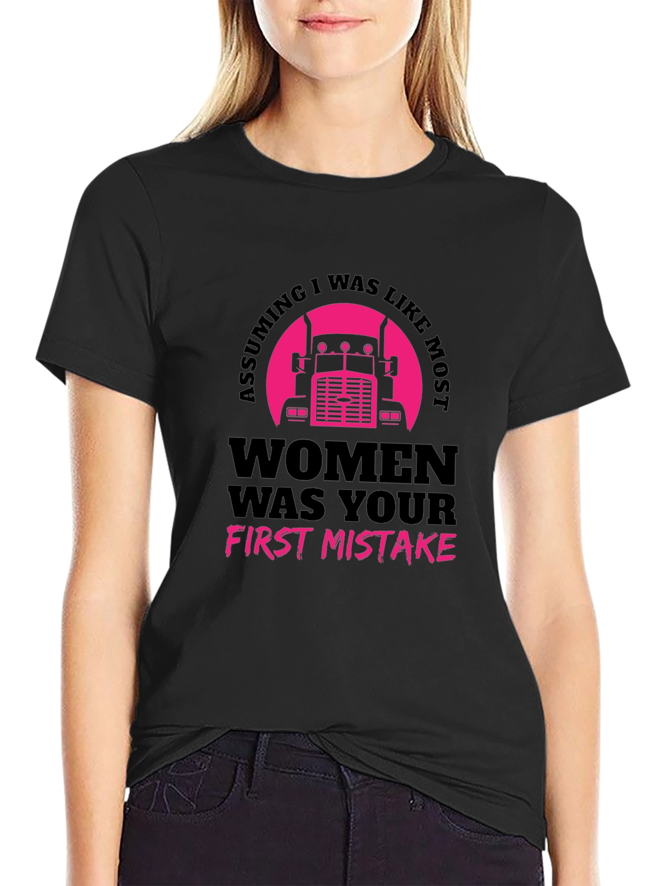 Assuming Women Trucker Black T-Shirt