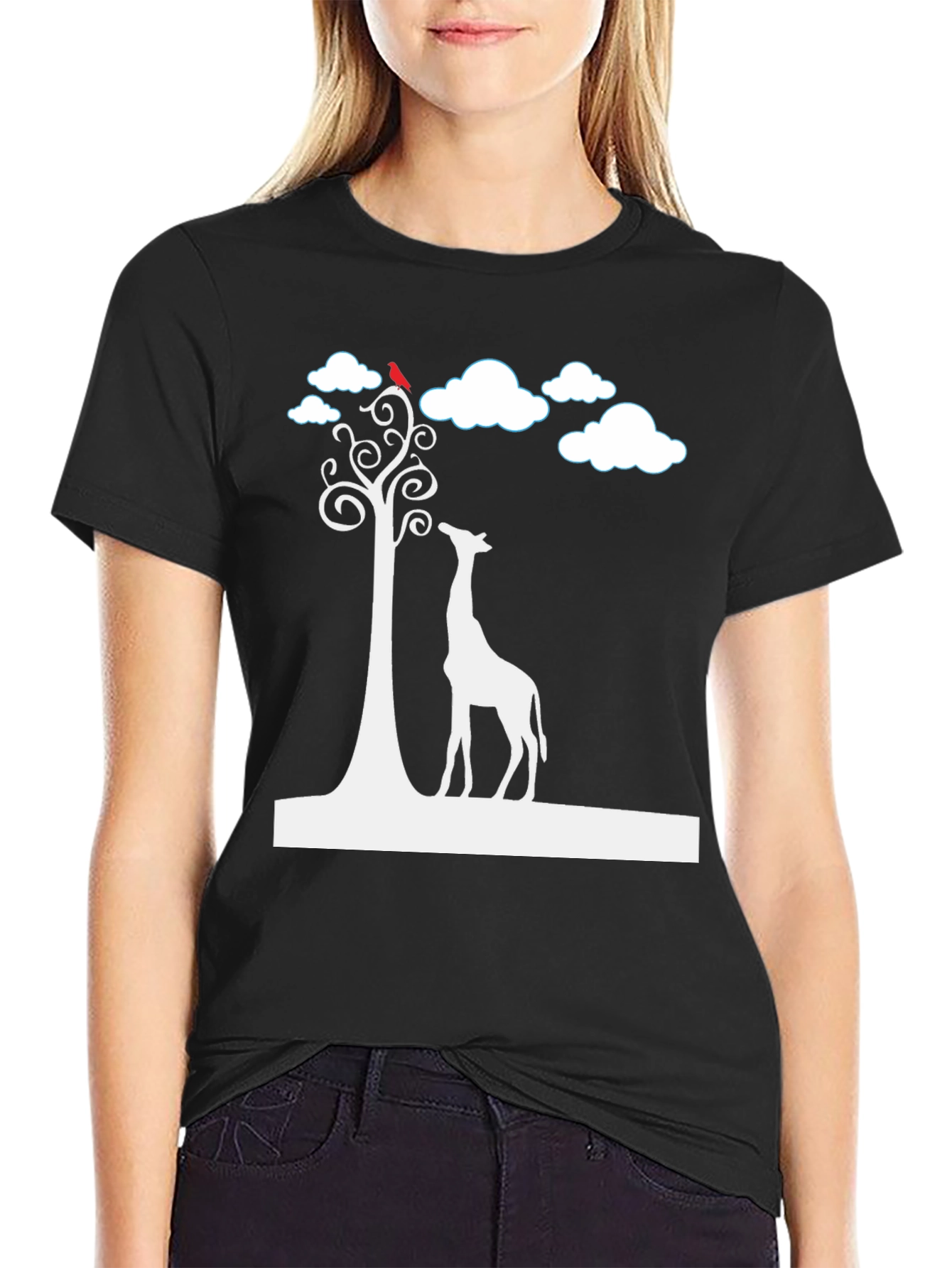 Giraffe & Tree Graphic Tee - Stylish Black T-Shirt