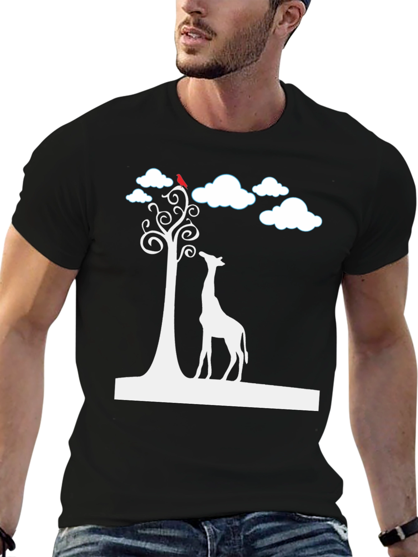 Giraffe & Tree Graphic Tee - Stylish Black T-Shirt