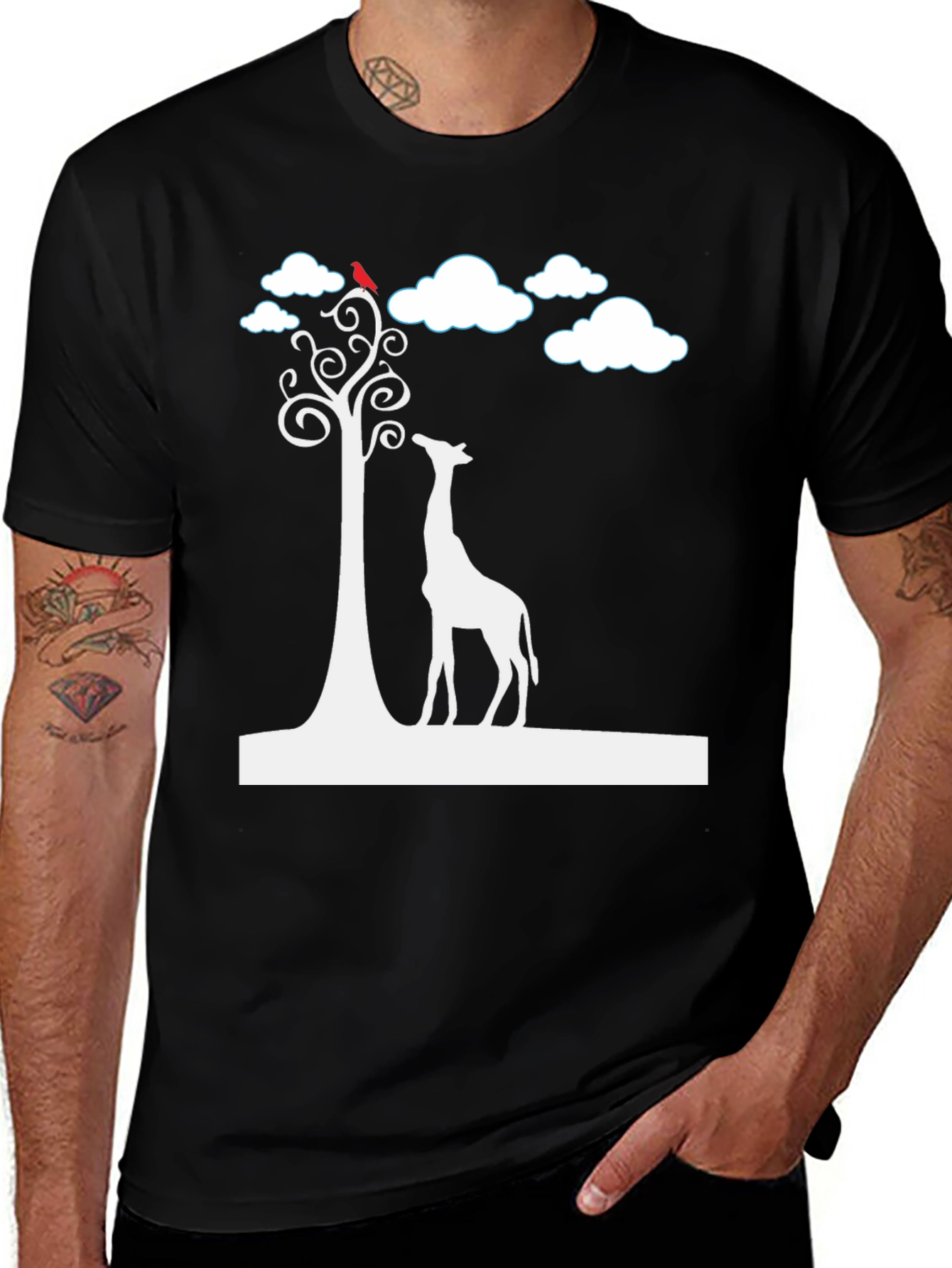 Giraffe & Tree Graphic Tee - Stylish Black T-Shirt