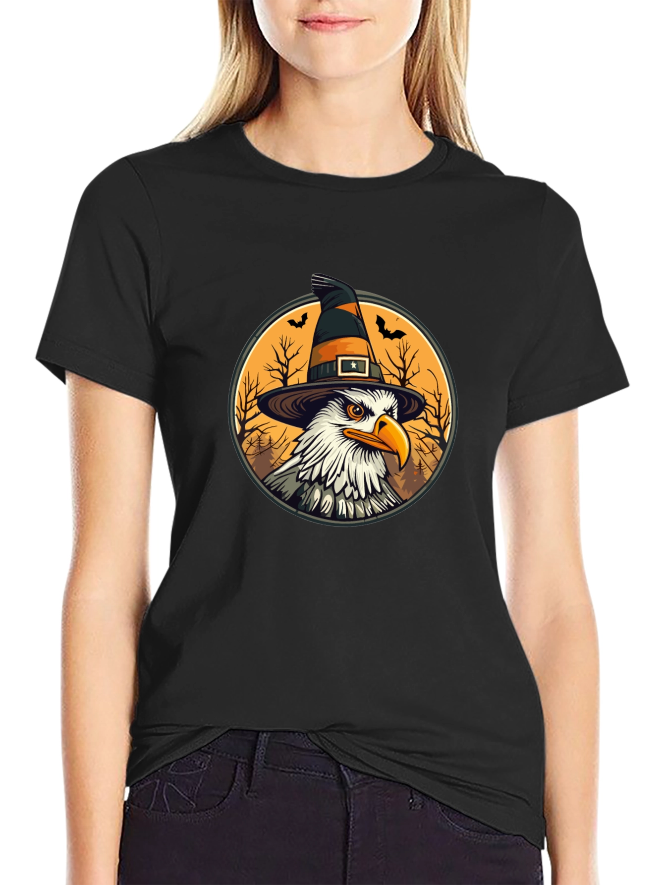 Bald Eagle Witch Hat Black T-Shirt