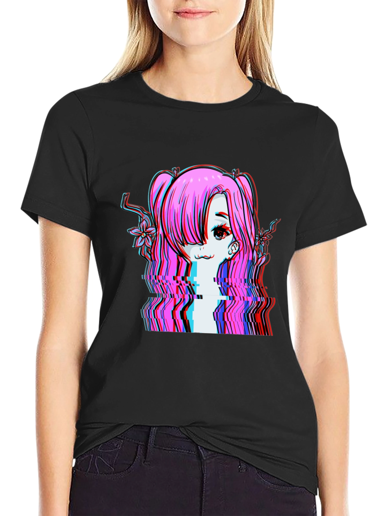 Glitch Anime Girl T-Shirt - Edgy Vaporwave Style