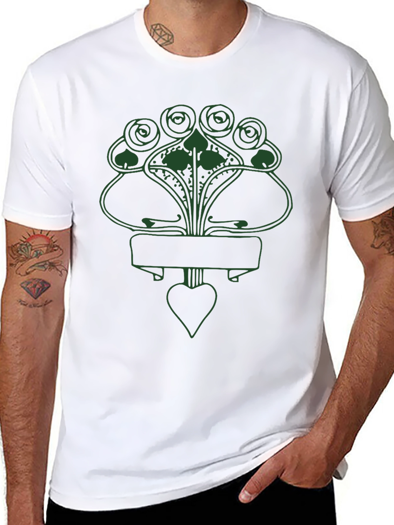 Art Nouveau Floral Heart Graphic T-Shirt - Black