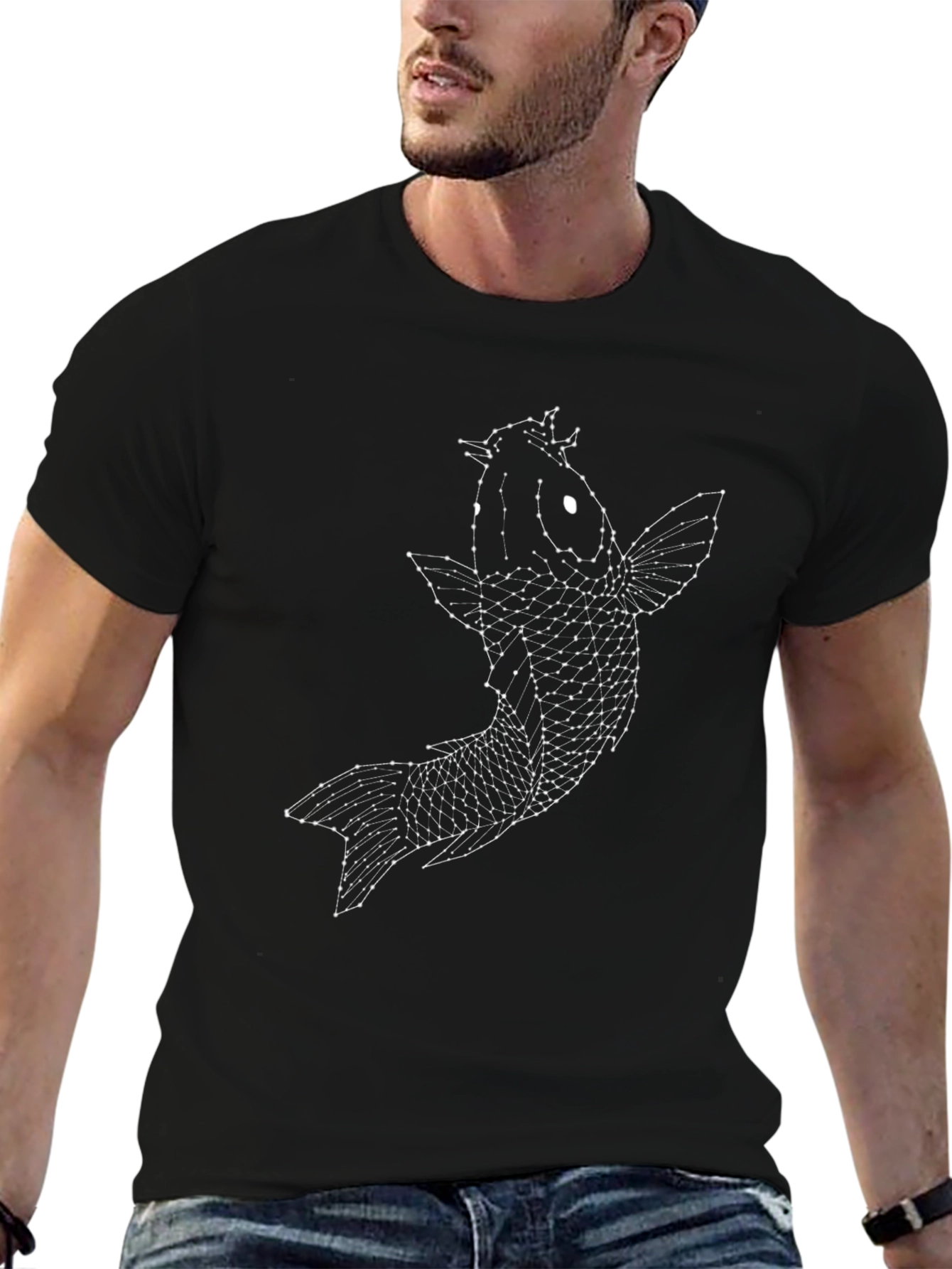 Geometric Koi Fish Graphic Tee - Black