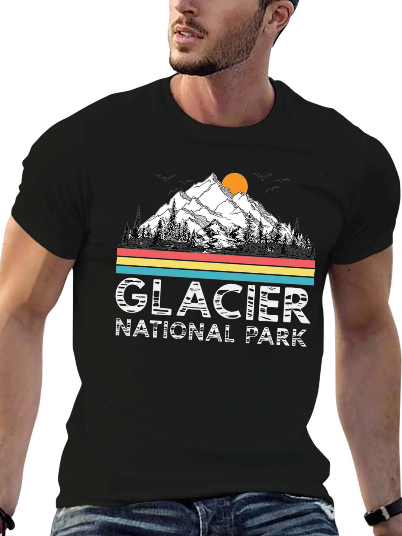 Glacier National Park Black T-Shirt - Mountain Scene