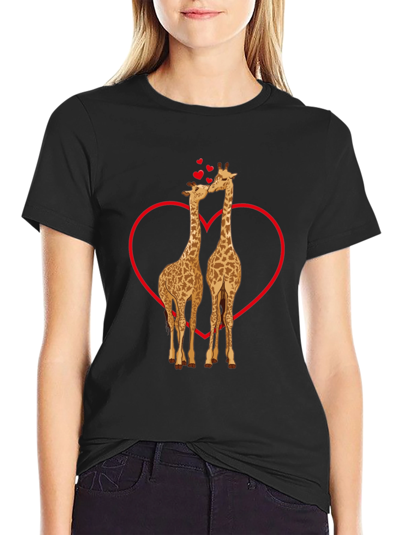 Giraffe Love Valentines Day Black T-Shirt