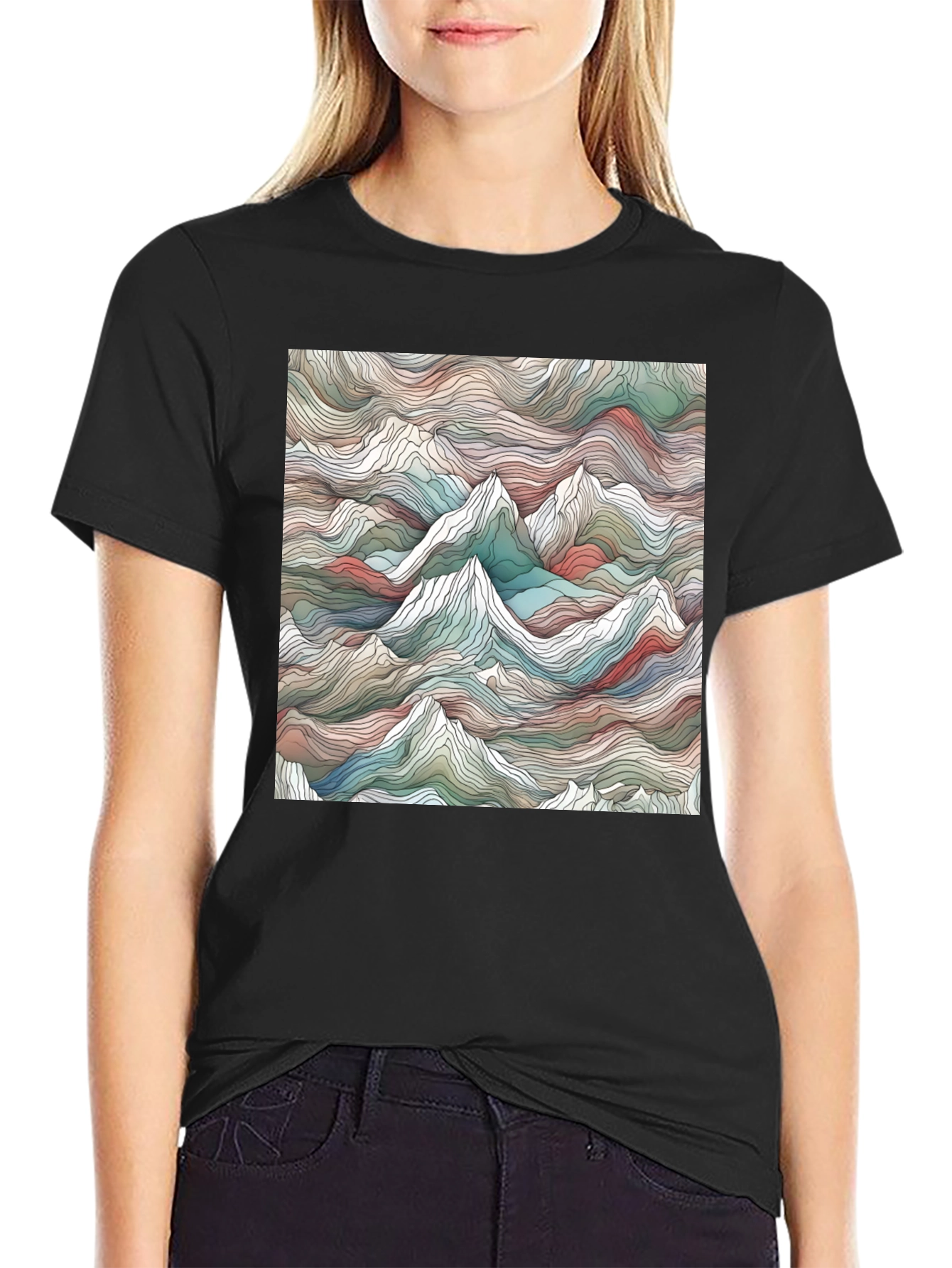 Abstract Mountainscape Graphic Tee - Stylish Black T-Shirt