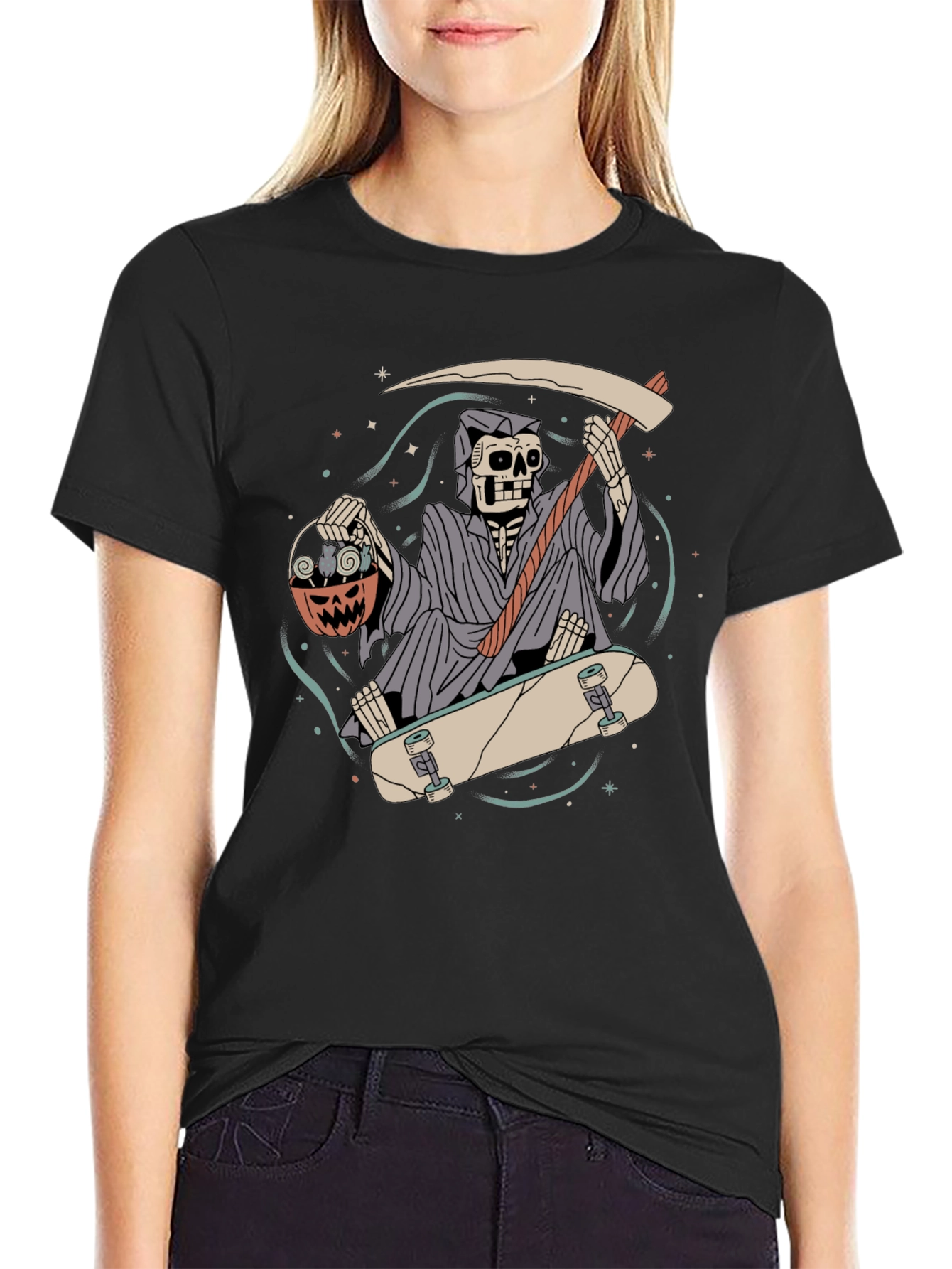 Grim Reaper Skateboarder Graphic Tee - Halloween