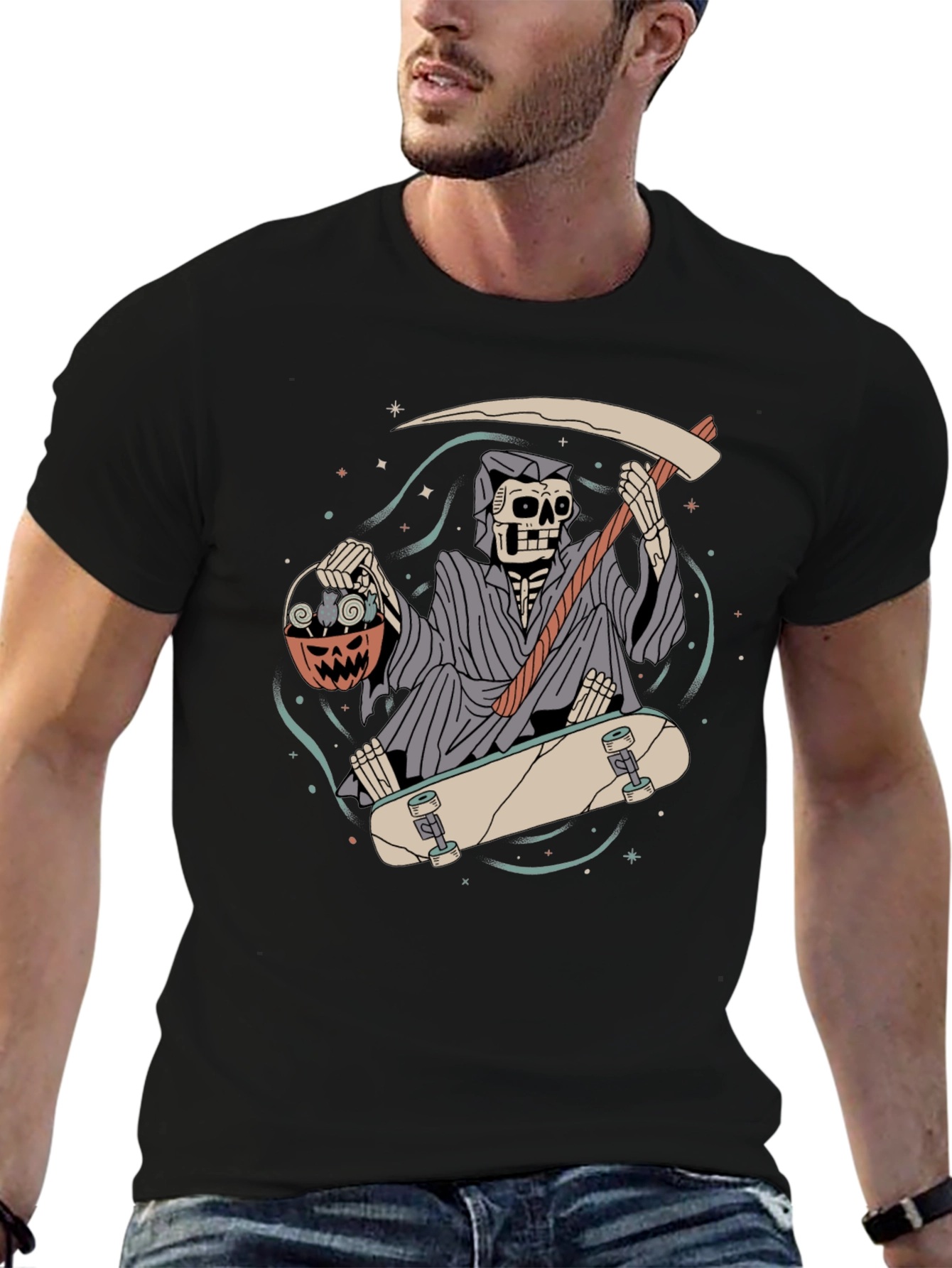 Grim Reaper Skateboarder Graphic Tee - Halloween