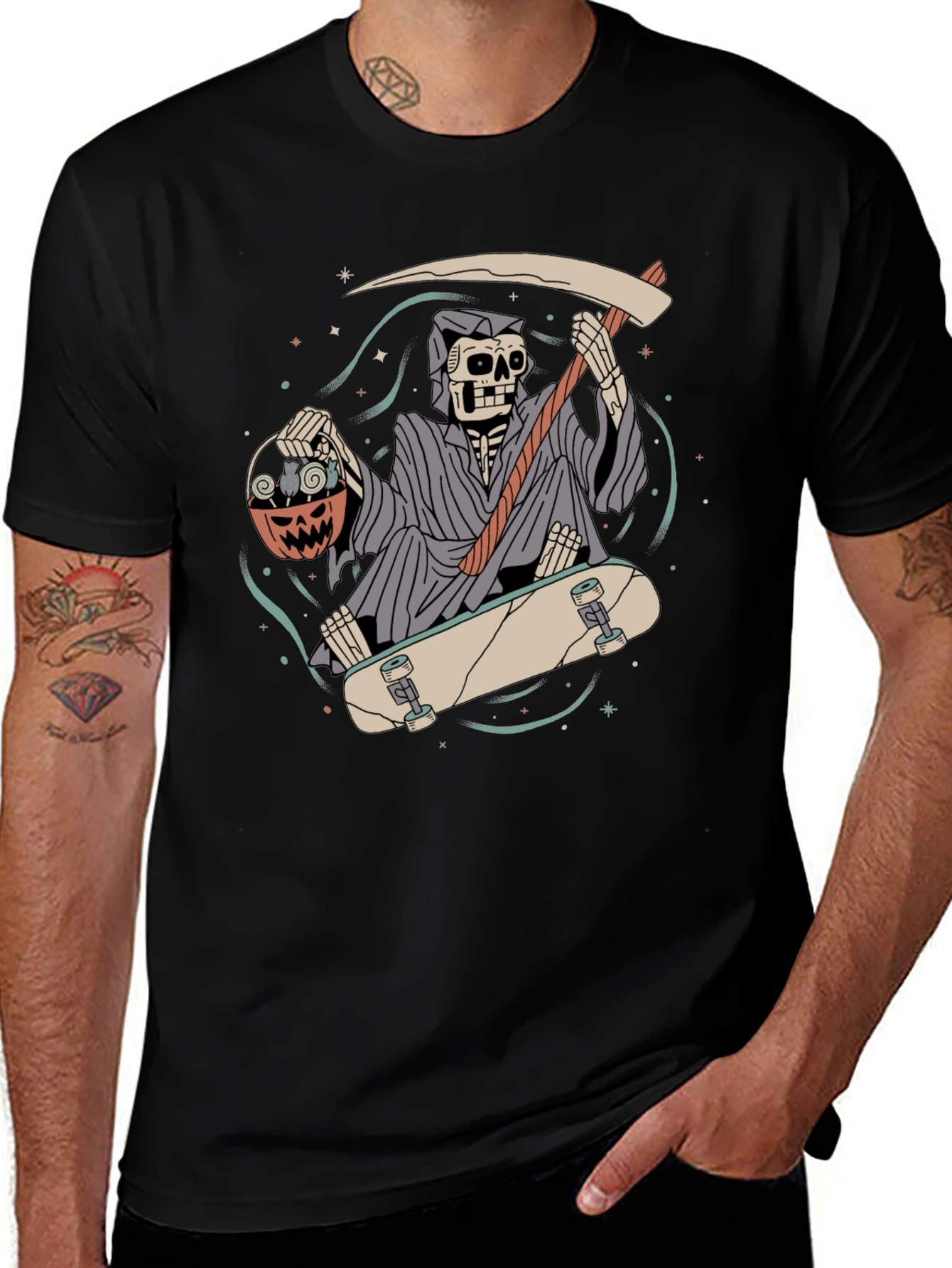 Grim Reaper Skateboarder Graphic Tee - Halloween