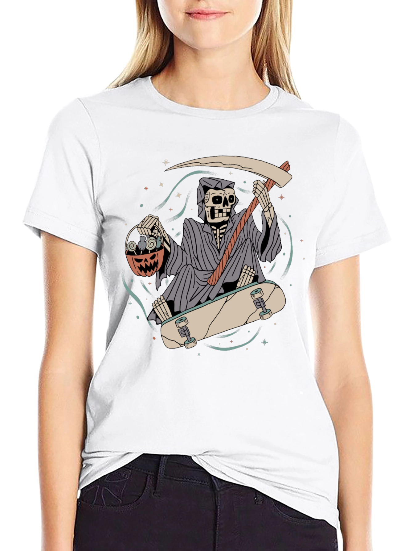 Grim Reaper Skateboarder Graphic Tee - Halloween