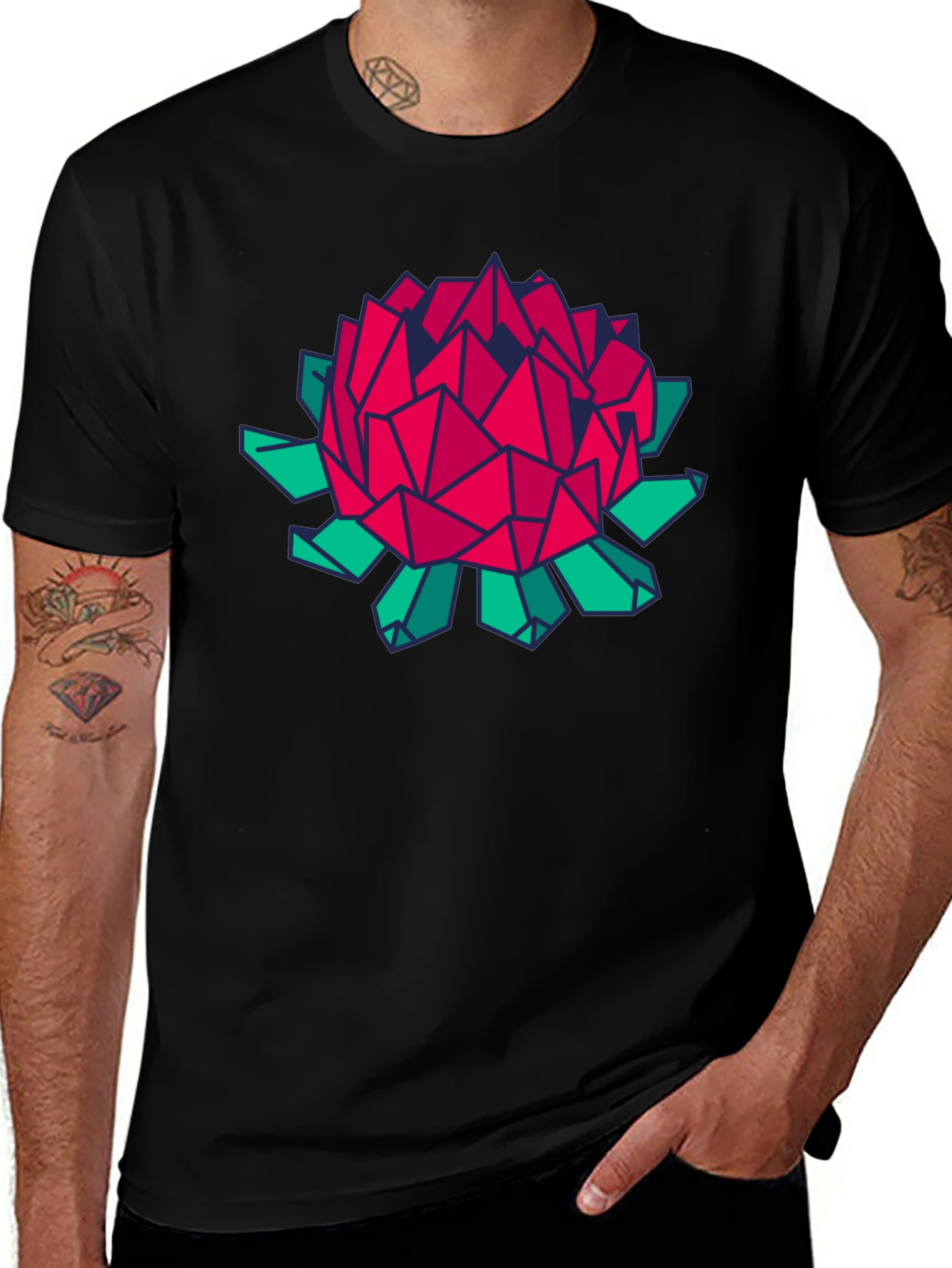 Geometric Floral Print Black T-Shirt