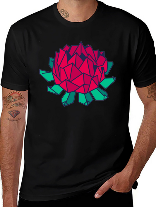 Geometric Floral Print Black T-Shirt