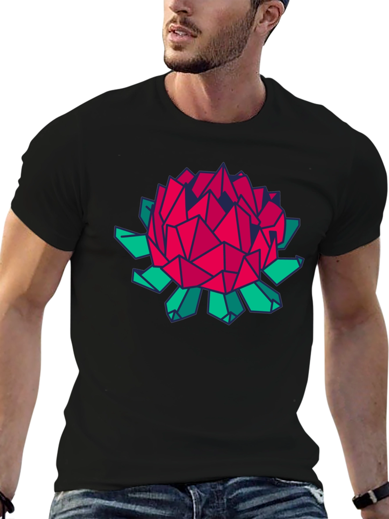 Geometric Floral Print Black T-Shirt