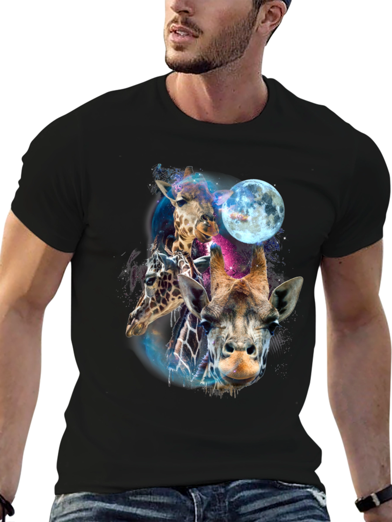 Giraffe Galaxy Mens Black T-Shirt