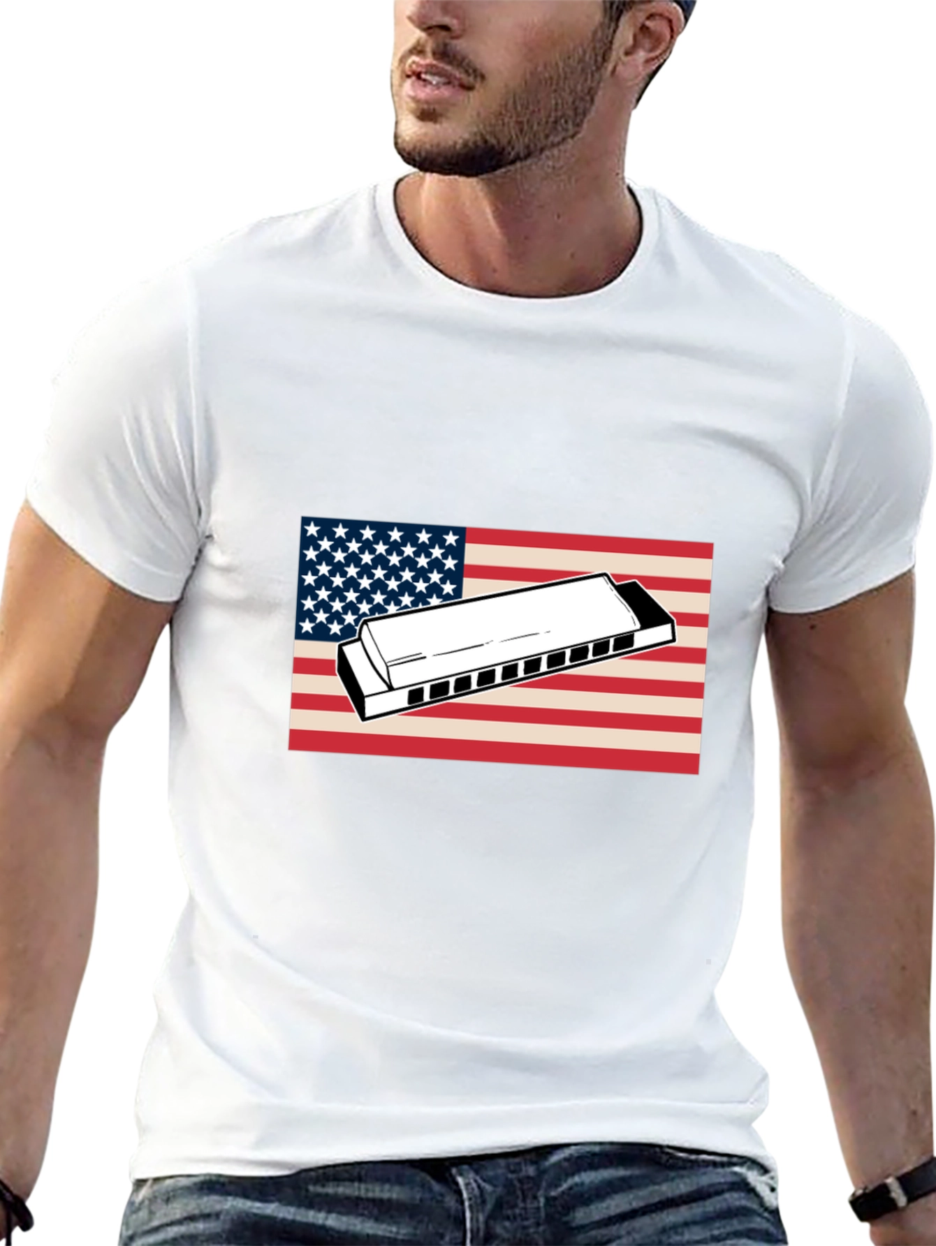 American Flag Harmonica Graphic T-Shirt