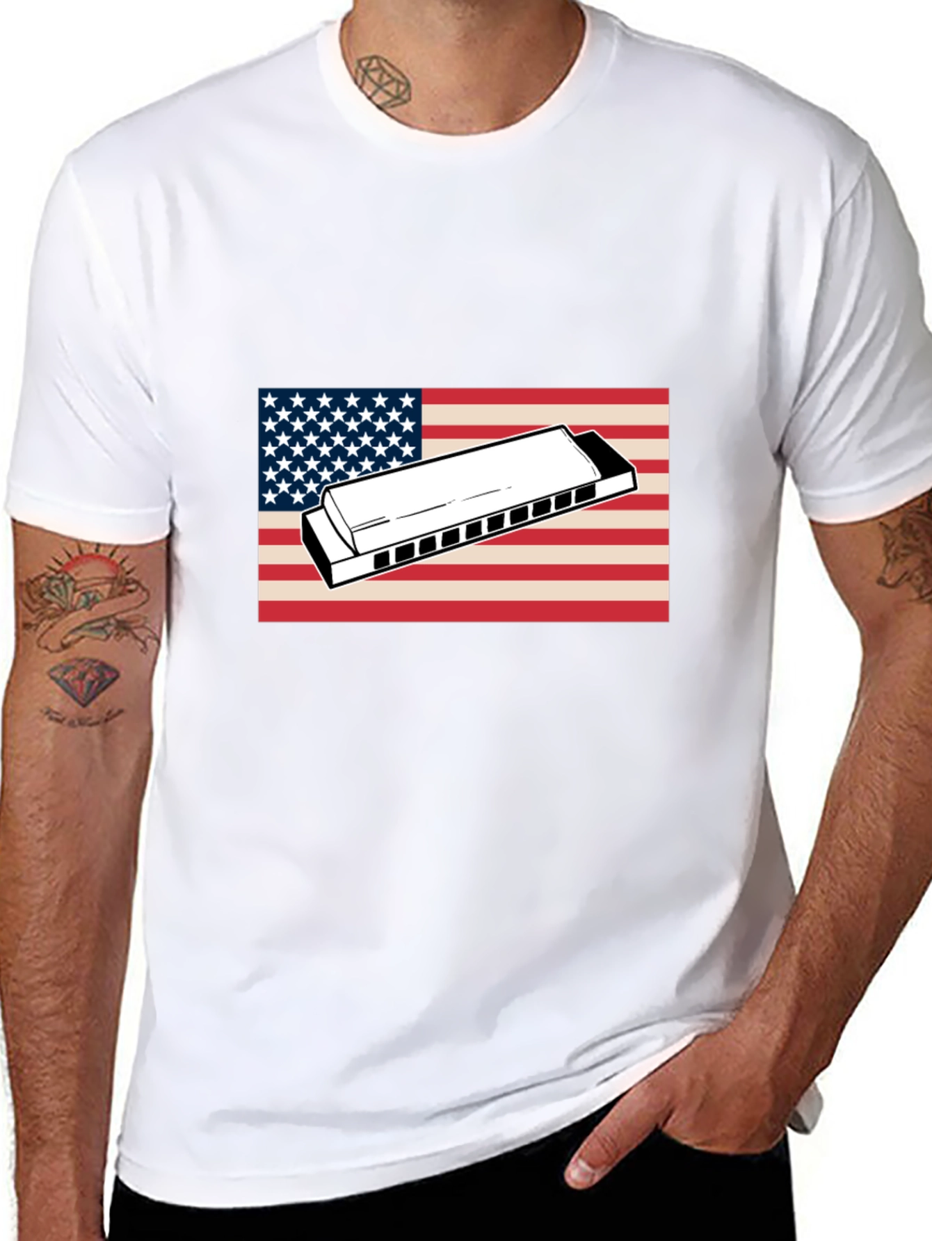 American Flag Harmonica Graphic T-Shirt