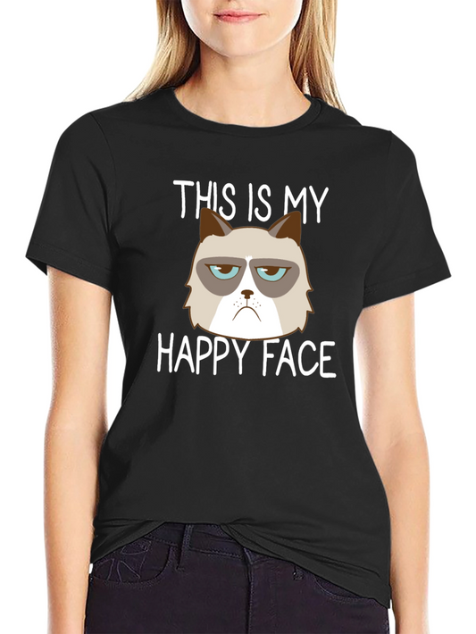 Grumpy Cat Happy Face Graphic T-Shirt - Funny Casual Tee