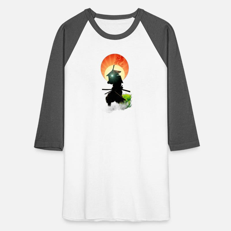 A samurai in a bamboo hat in a lush green field