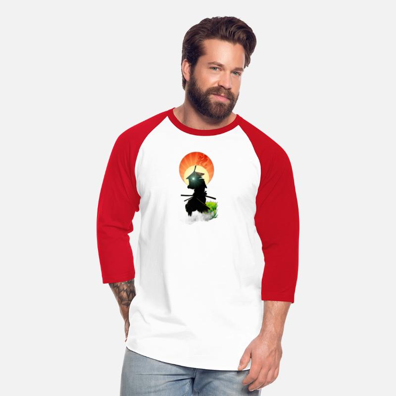 A samurai in a bamboo hat in a lush green field