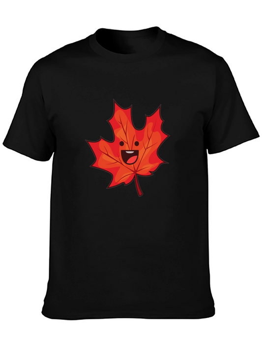 Happy Maple Leaf Graphic Tee - Black Cotton Shirt