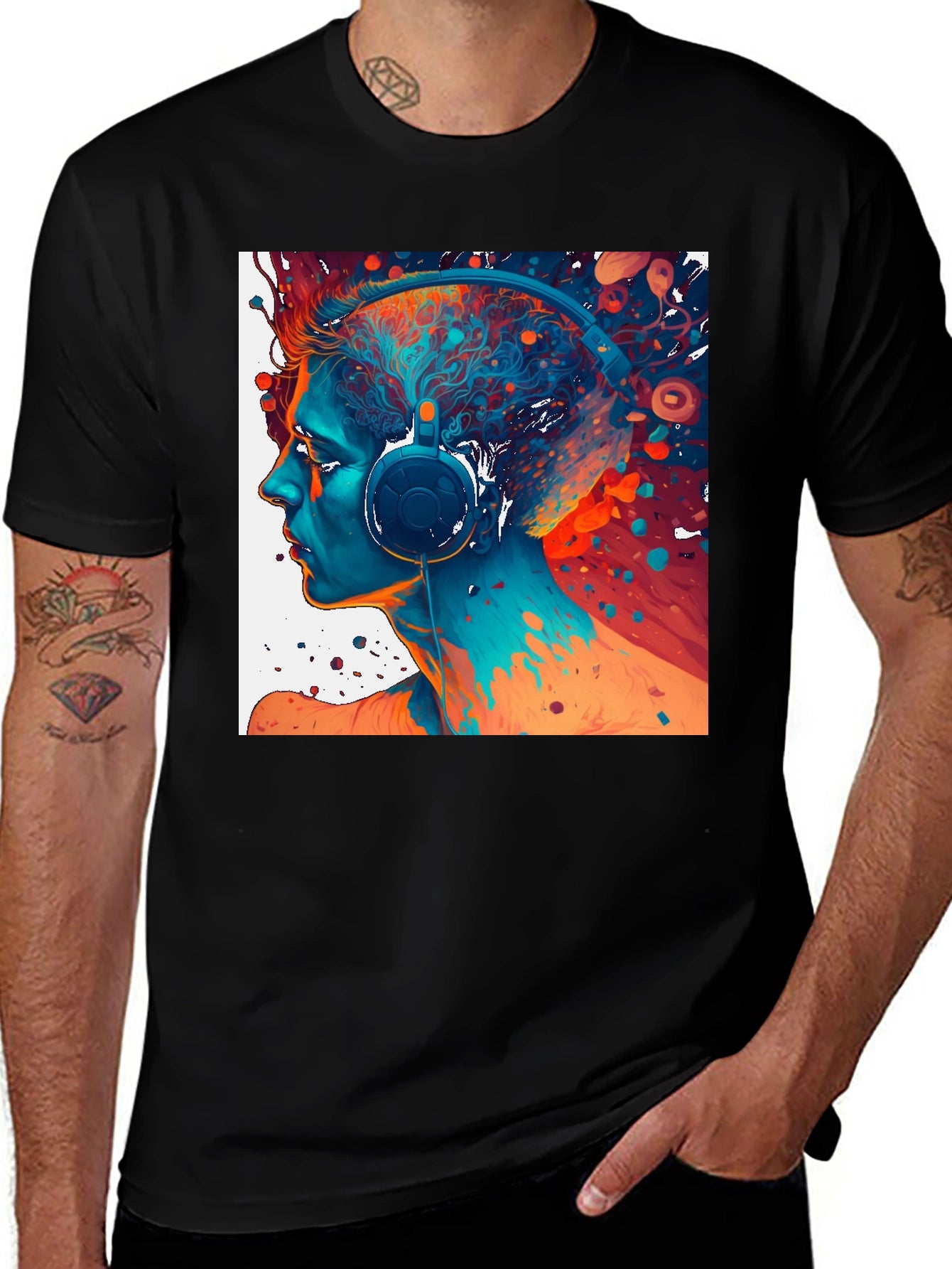 Abstract Headphone Art Graphic Tee - Black