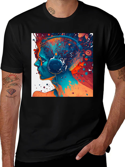 Abstract Headphone Art Graphic Tee - Black