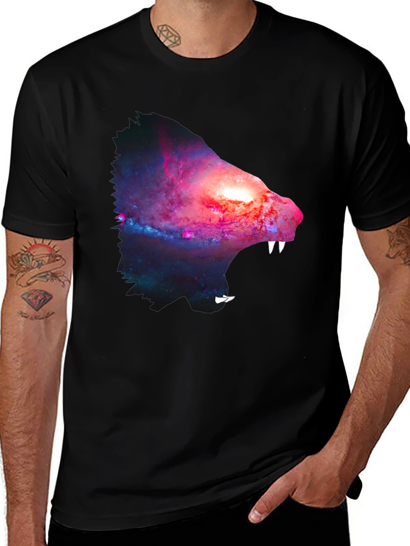 Galaxy Wolf Graphic Tee - Black Cotton Blend