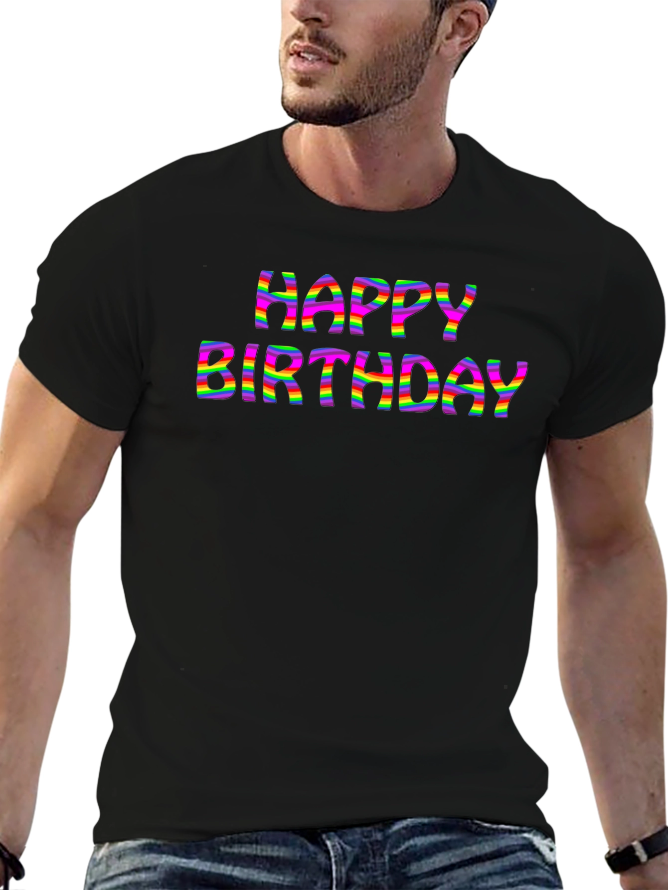 Happy Birthday Rainbow Stripe Graphic Tee
