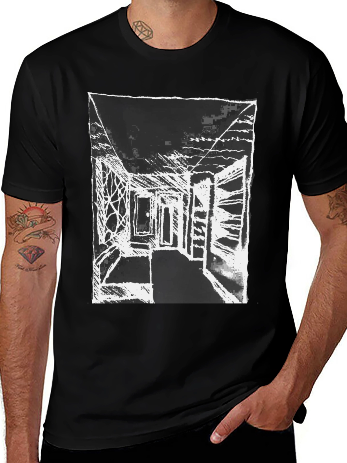Abstract Sketch Graphic Print Black Cotton T-Shirt