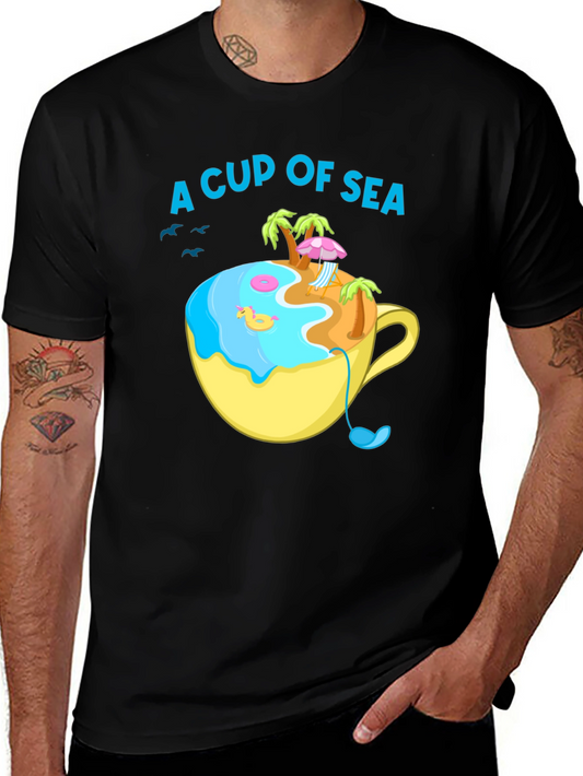 A Cup of Sea T-Shirt Black Cotton Tee Island Beach Design