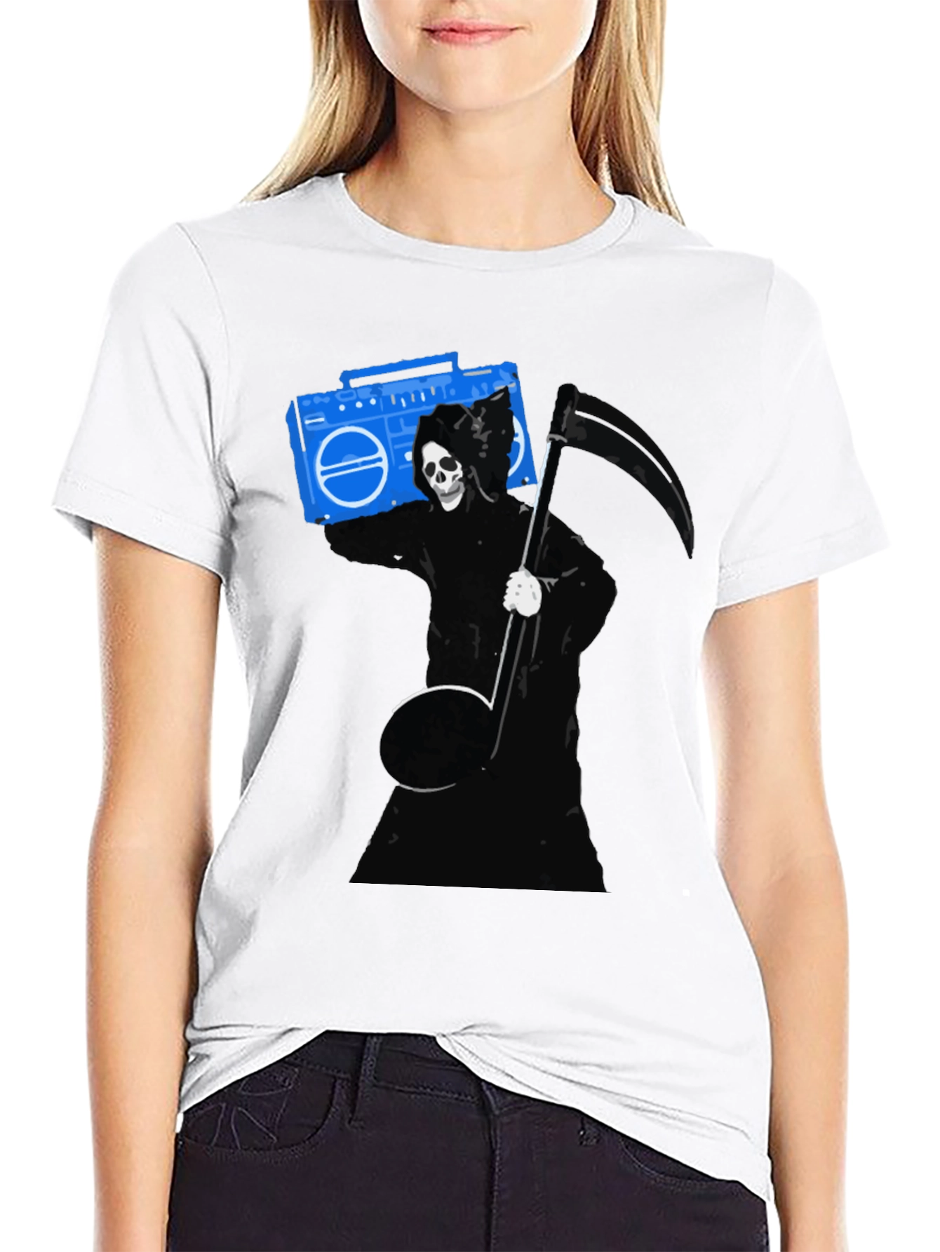 Grim Reaper Boombox Graphic Tee - Black Cotton