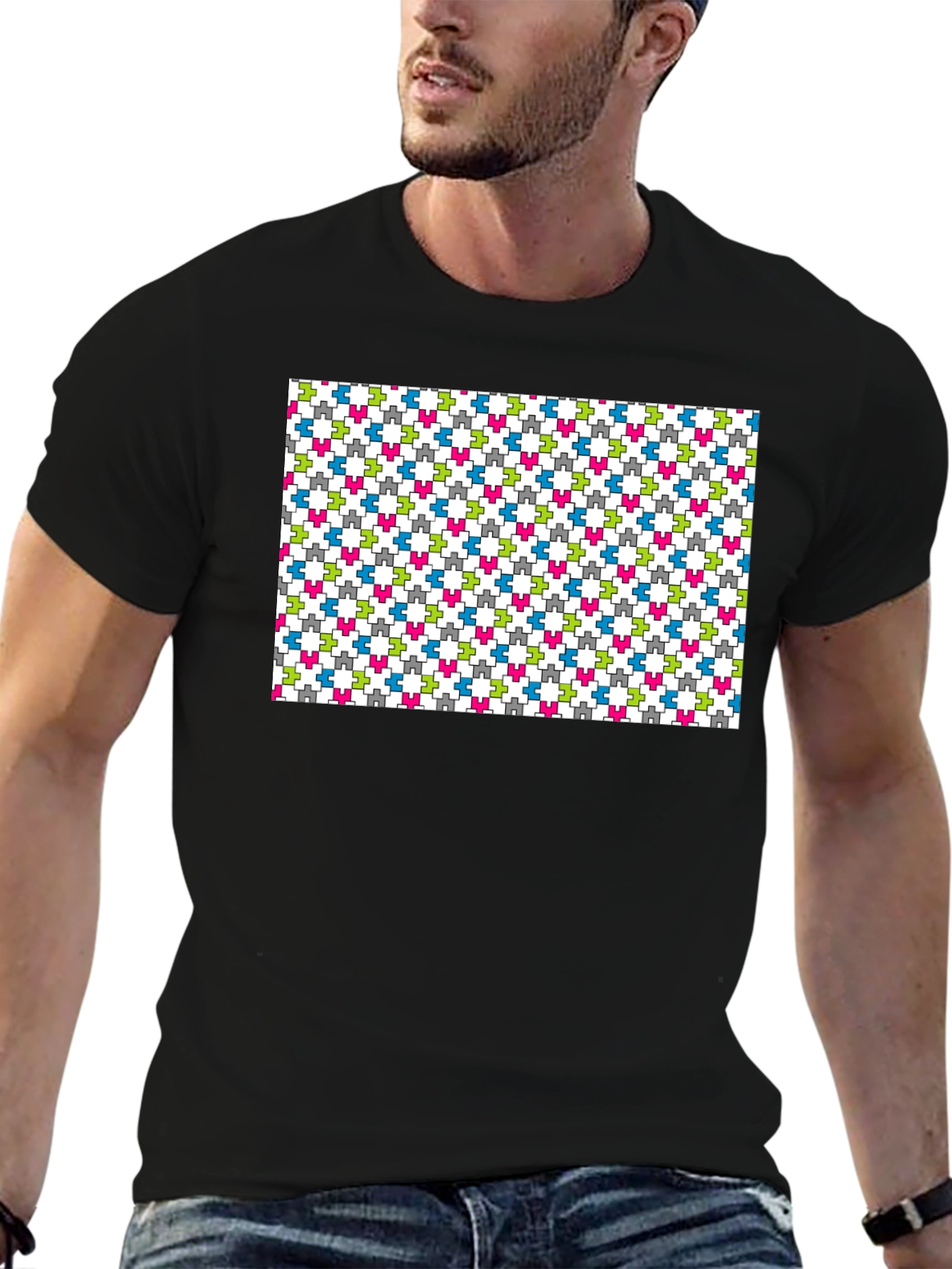 Geometric Puzzle Piece Pattern Black T-Shirt