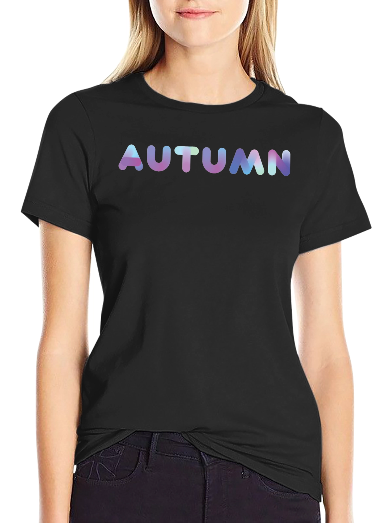 Autumn Black T-Shirt Gradient Text Casual Tee