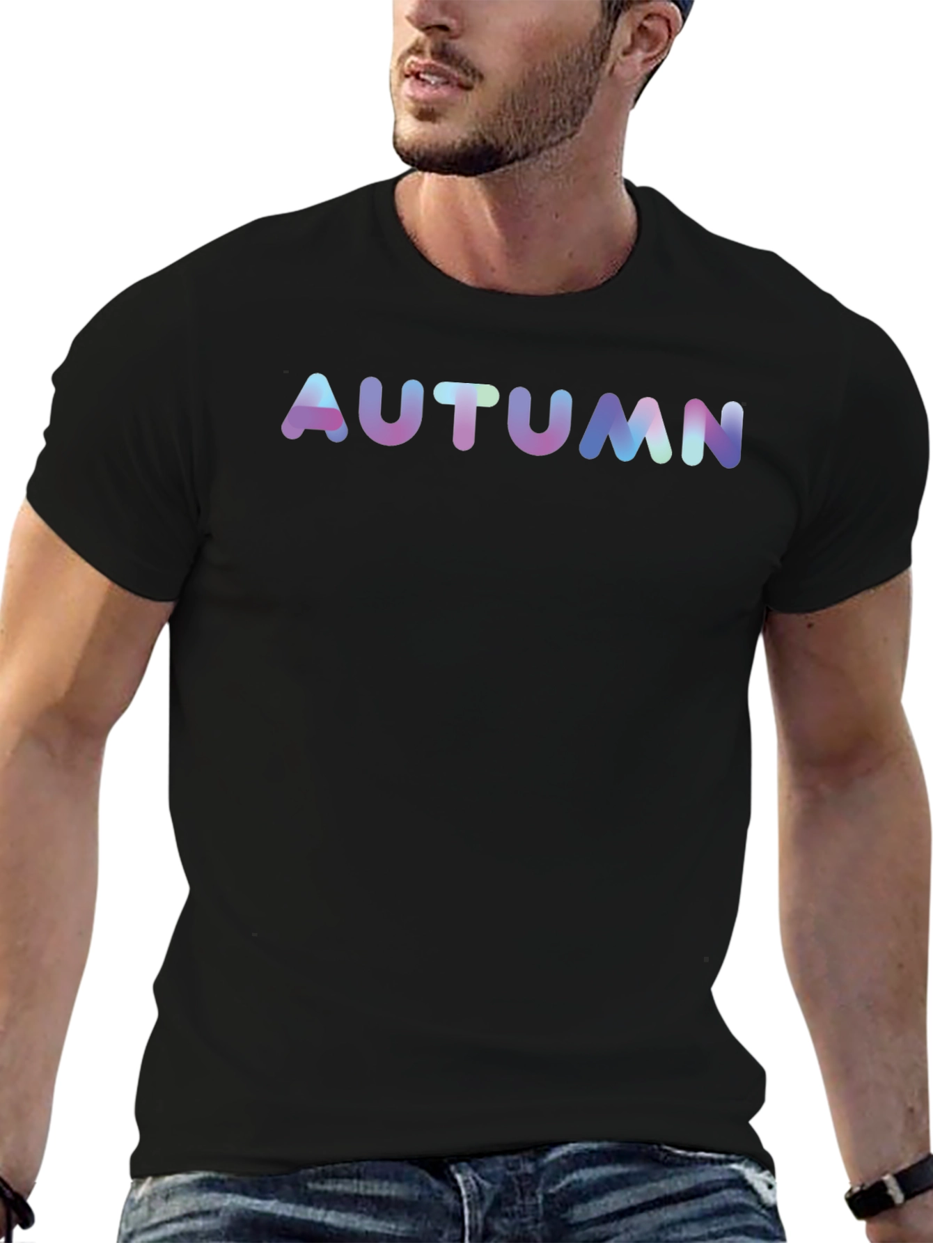 Autumn Black T-Shirt Gradient Text Casual Tee