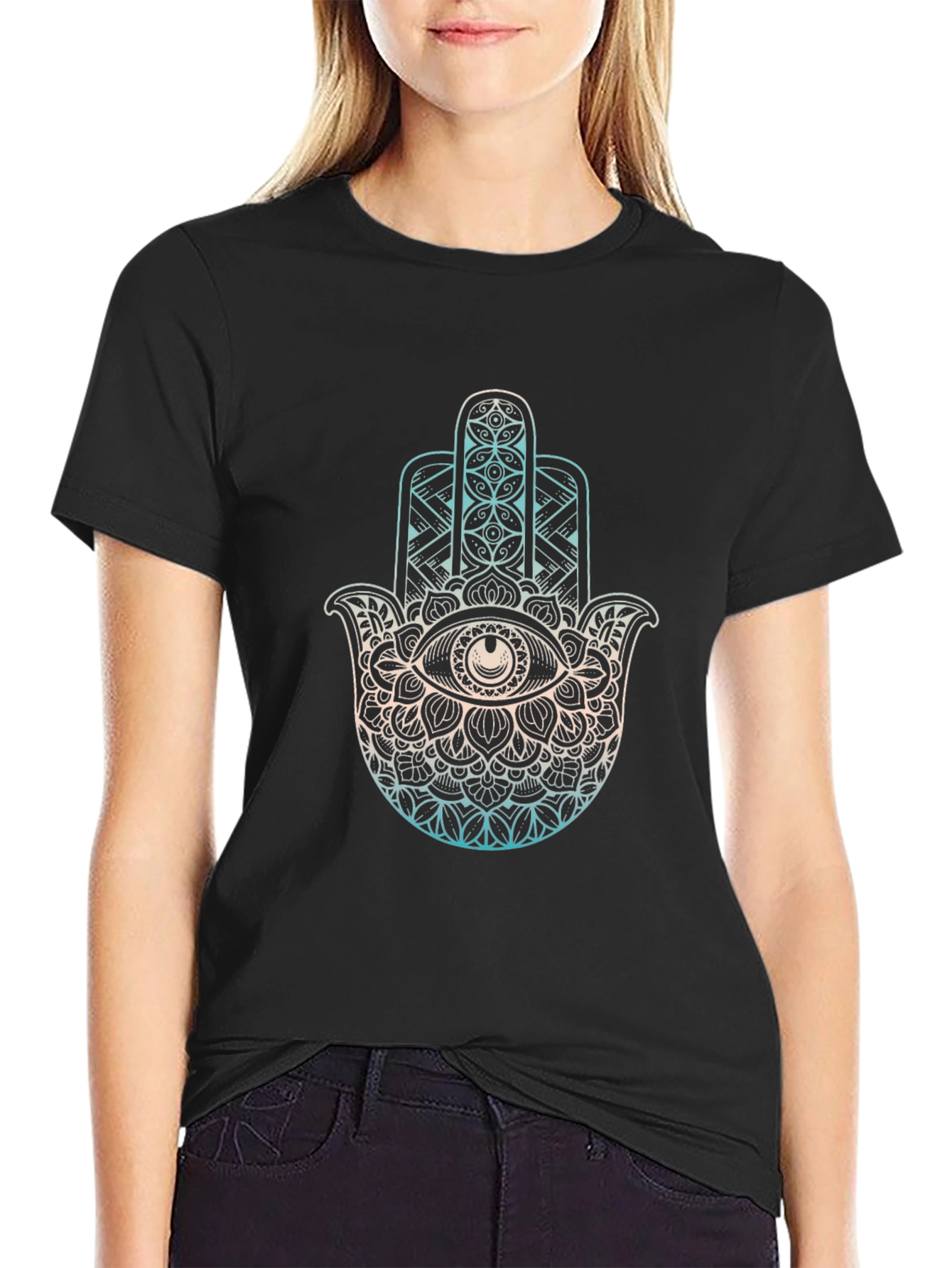 Hamsa Hand Graphic Tee - Black Cotton T-Shirt
