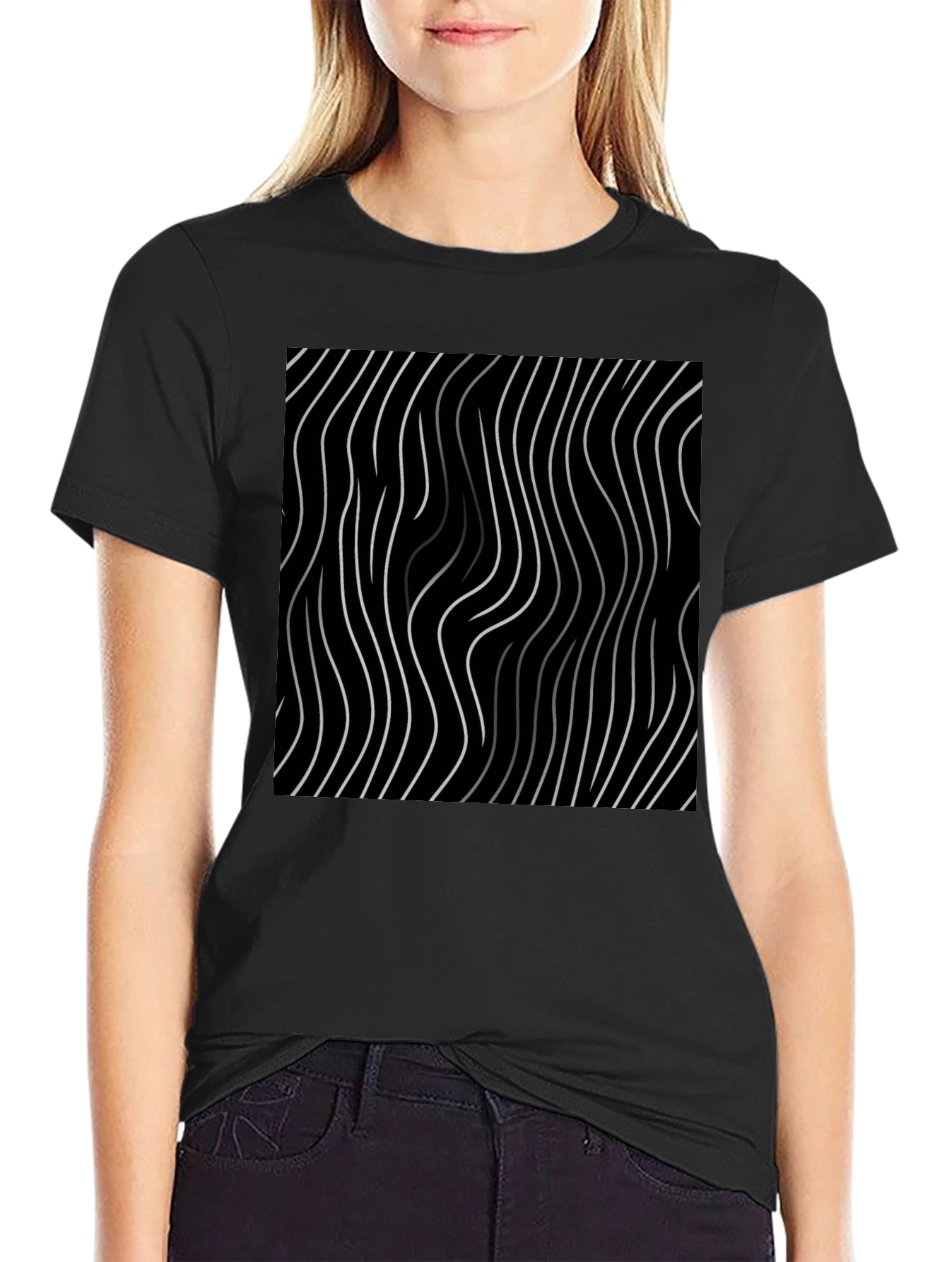 Abstract Wavy Line Black T-Shirt
