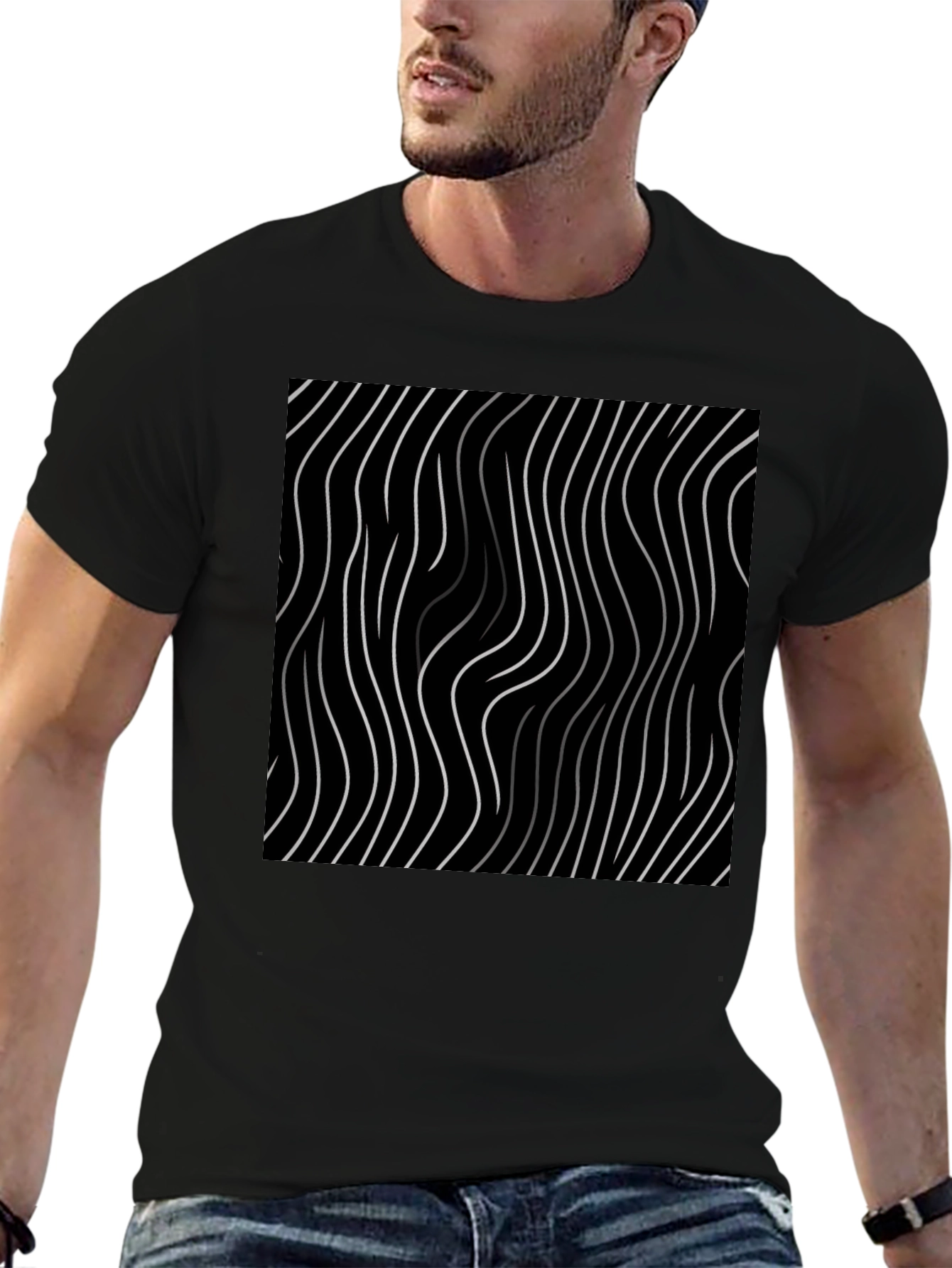 Abstract Wavy Line Black T-Shirt