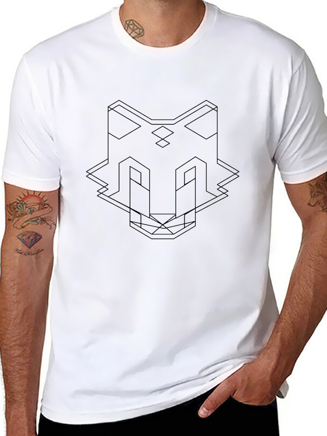 Geometric Wolf Line Art Black T-Shirt