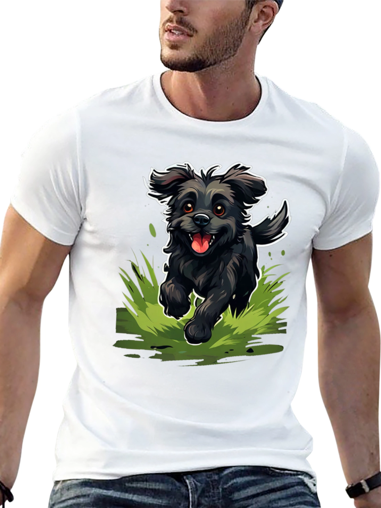 Happy Black Dog T-Shirt - Fun Cartoon Style
