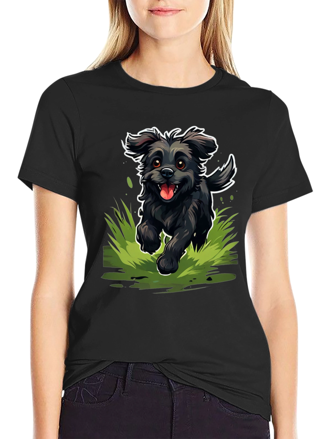 Happy Black Dog T-Shirt - Fun Cartoon Style