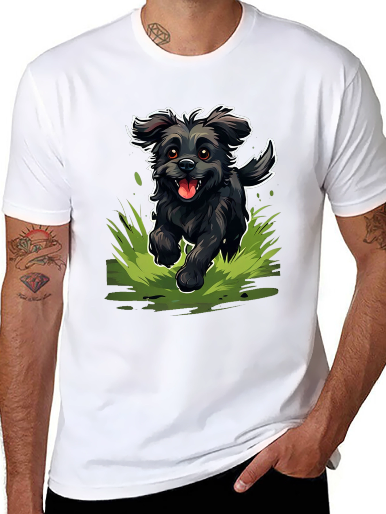Happy Black Dog T-Shirt - Fun Cartoon Style