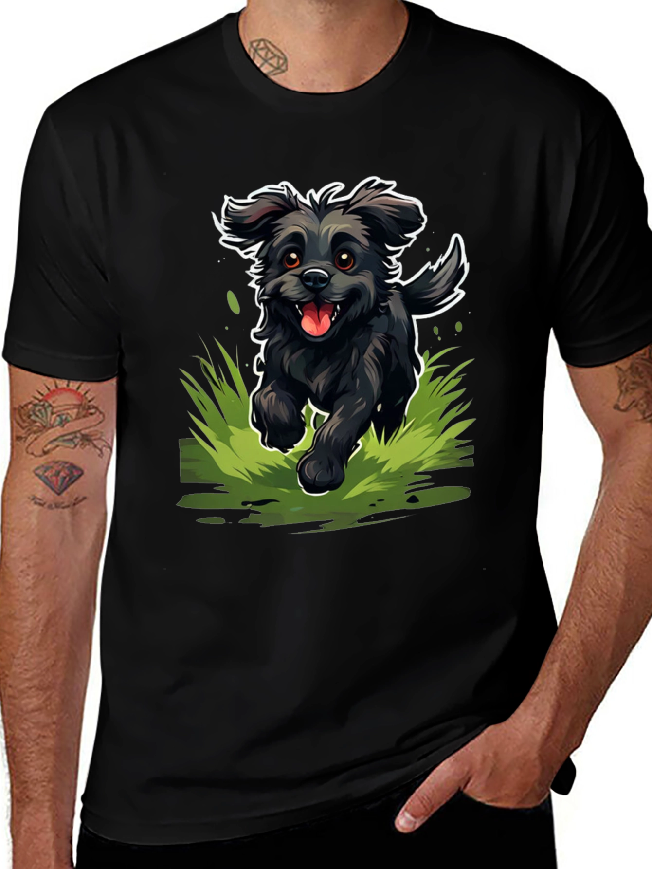 Happy Black Dog T-Shirt - Fun Cartoon Style