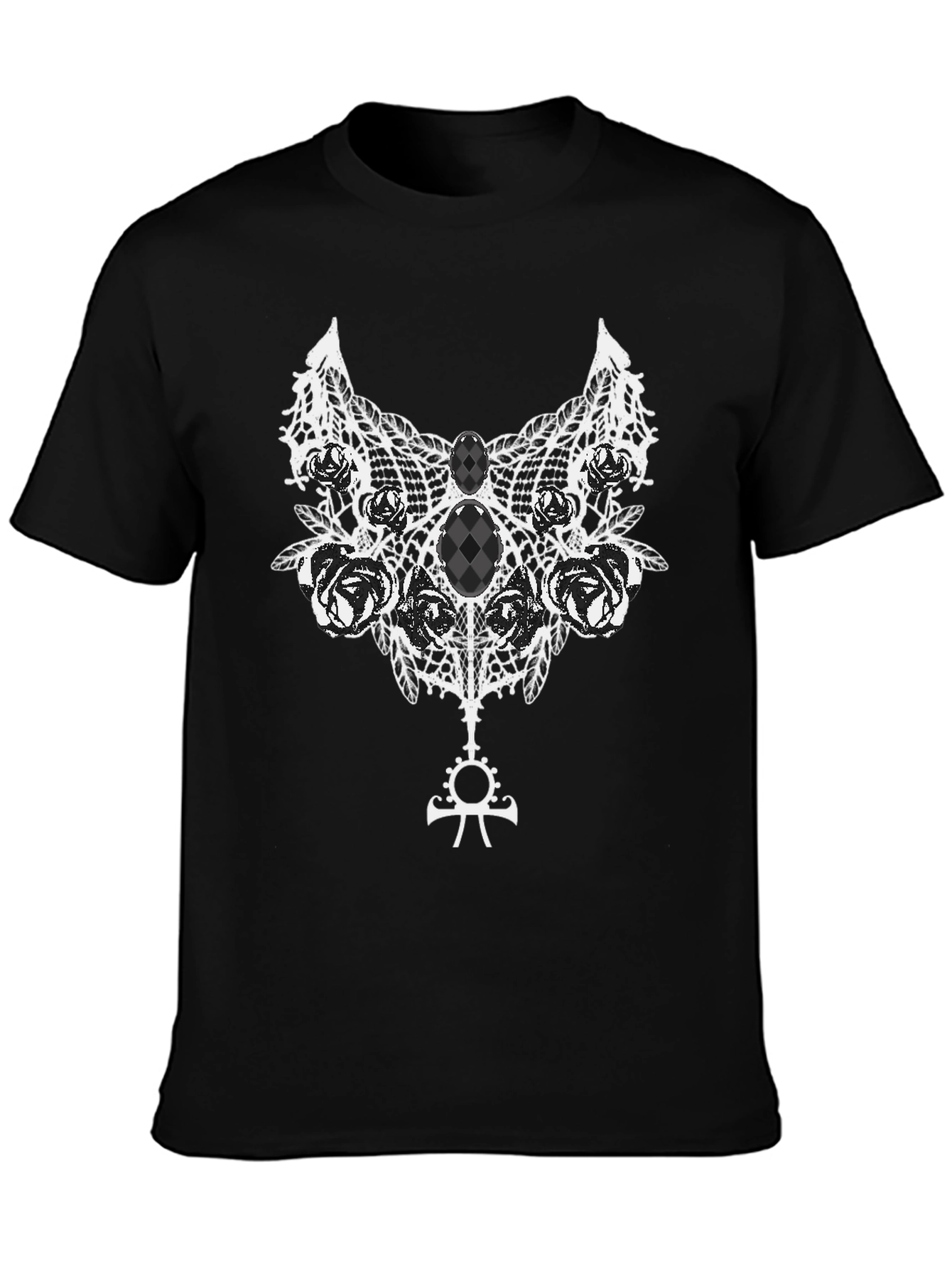 Gothic Rose Lace Ankh Symbol Black T-Shirt