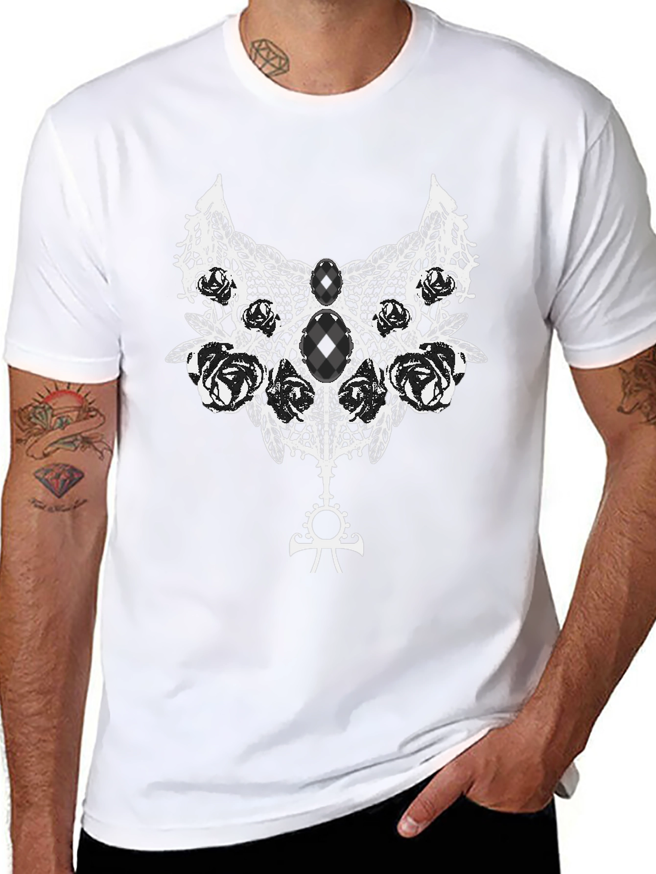 Gothic Rose Lace Ankh Symbol Black T-Shirt