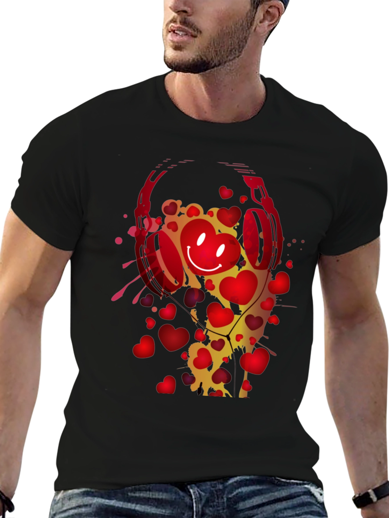 Heart Headphones Graphic T-Shirt - Trendy Black Tee