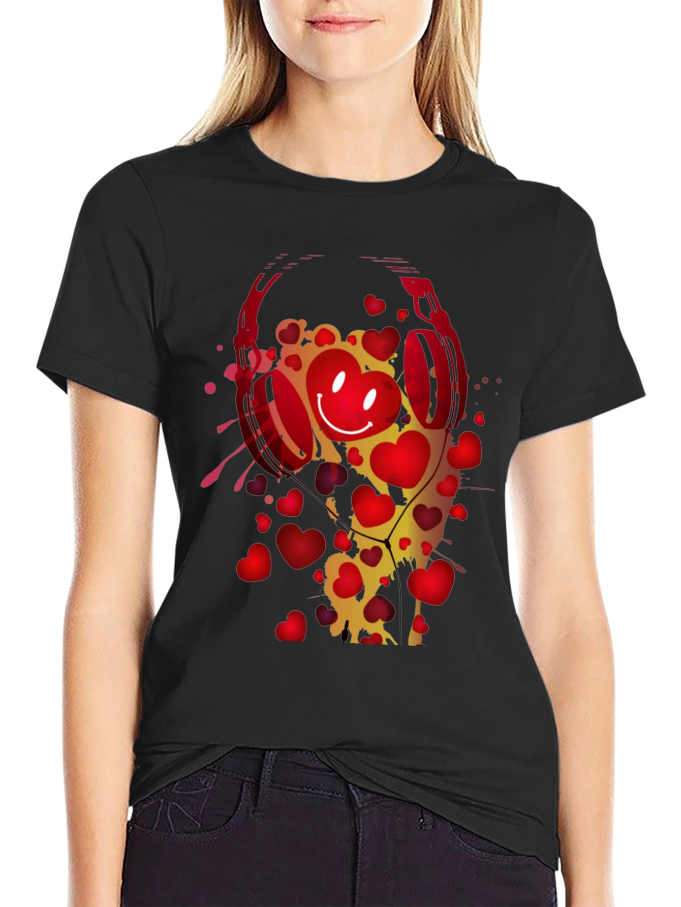 Heart Headphones Graphic T-Shirt - Trendy Black Tee