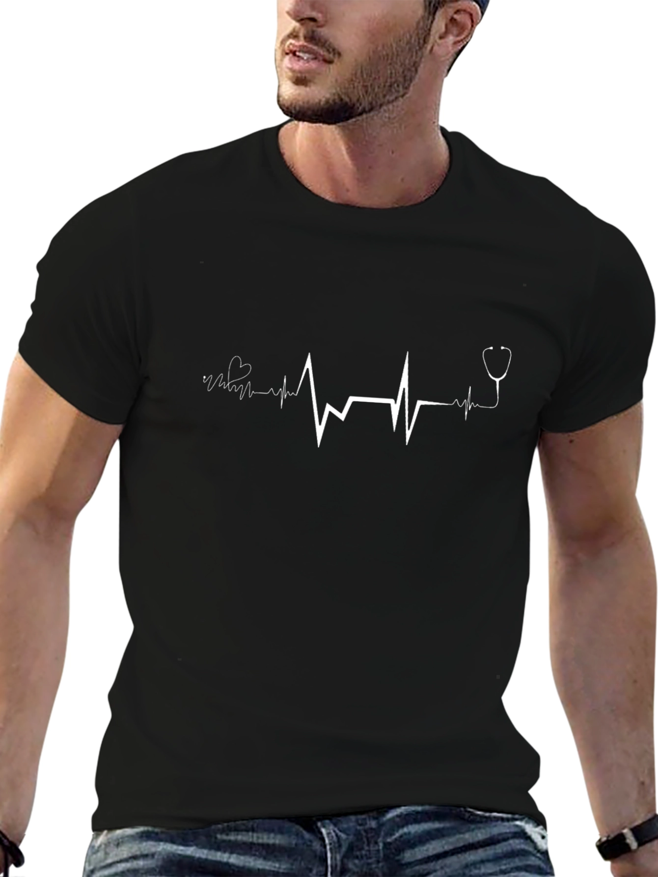 Heartbeat Stethoscope Graphic Tee - Black